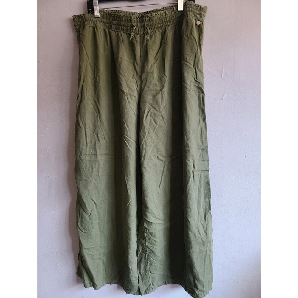 Women's XL olive green flowy pull on pants linen blend wide leg Calla comfy